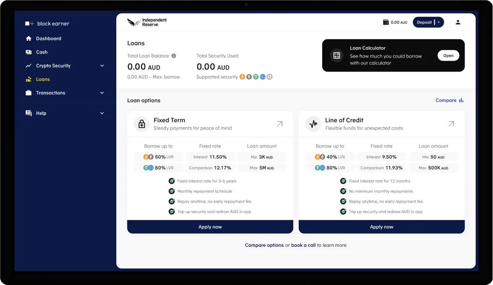 Block Earner loans dashboard embedded in a partner platform