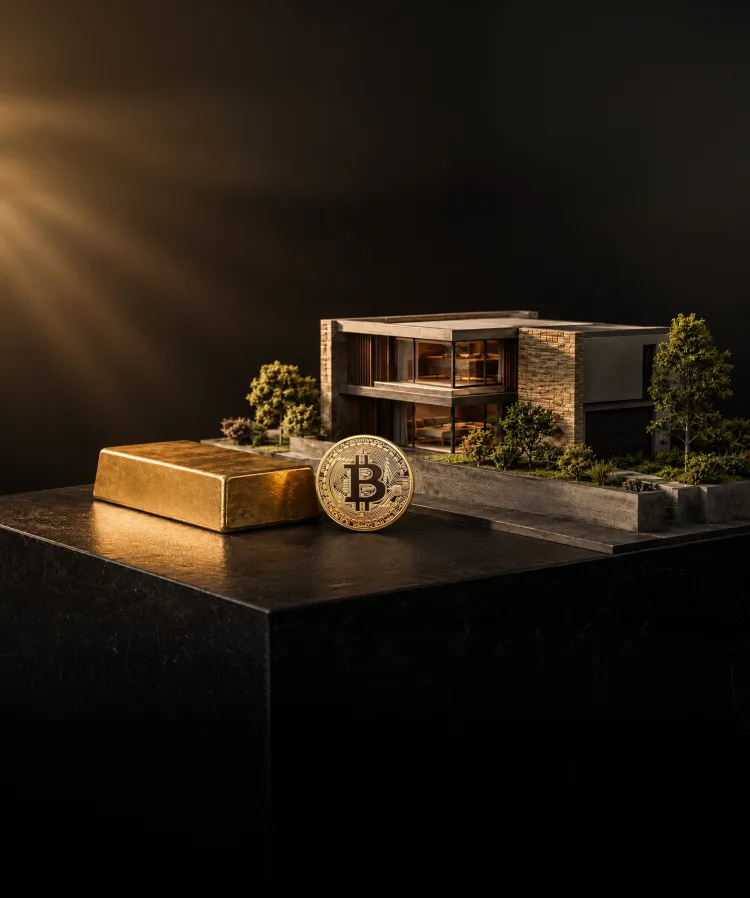 A gold bar and a Bitcoin coin beside a model house on a black plinth