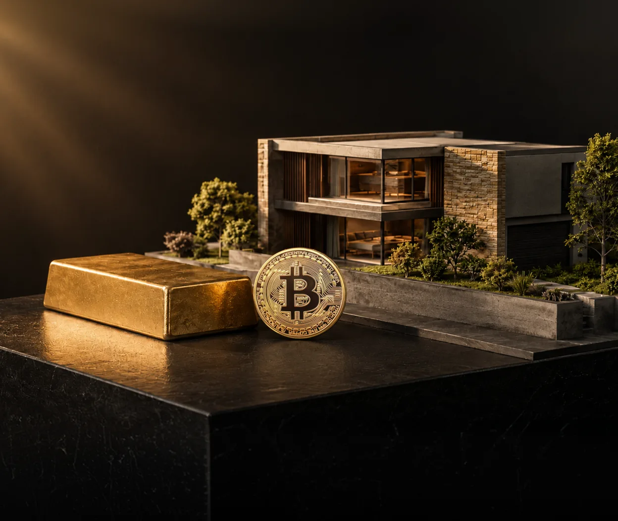 A gold bar and a Bitcoin coin beside a model house on a black plinth